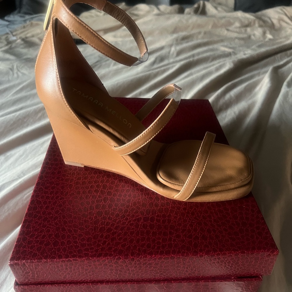 Tamara Mellon Tan Strappy Wedge Sandals